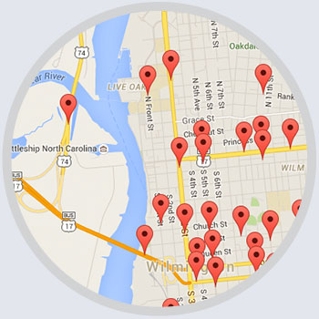 Map of Average Daily Traffic counts from locations throughout Wilmington, NC