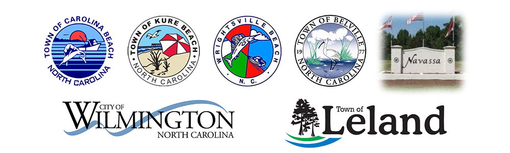 Logos for Carolina Beach, Kure Beach, Wrightsville Beach, Belville, Navassa, Wilmington, and Leland.