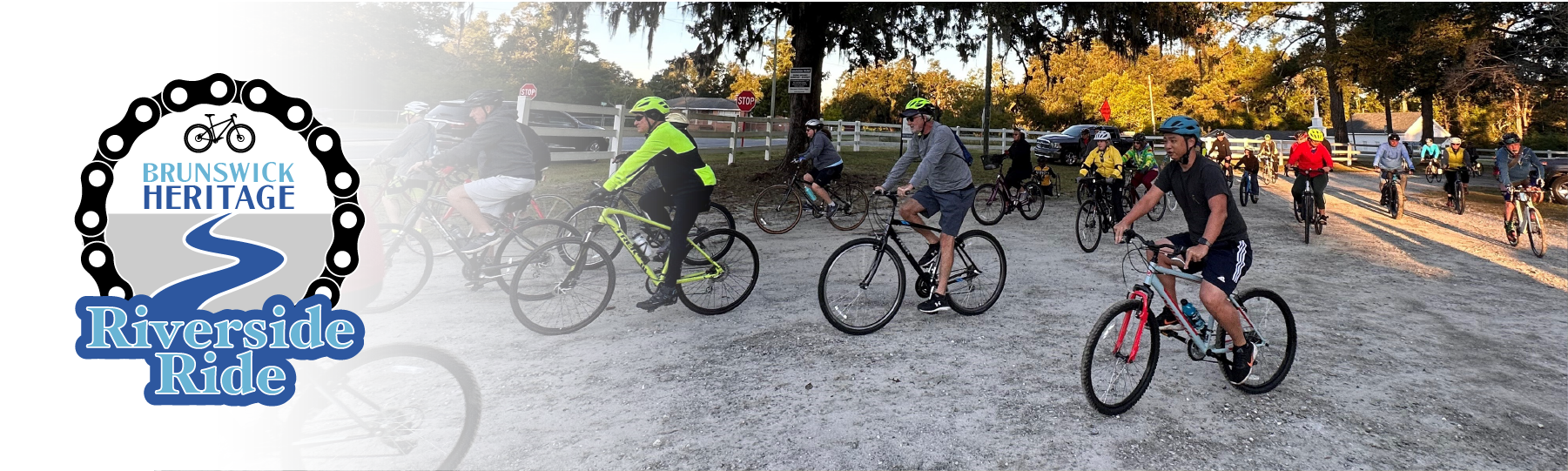 Brunswick Heritage Riverside Ride logo with a photo of bicycle riders starting at Phoenix Park, Navassa.