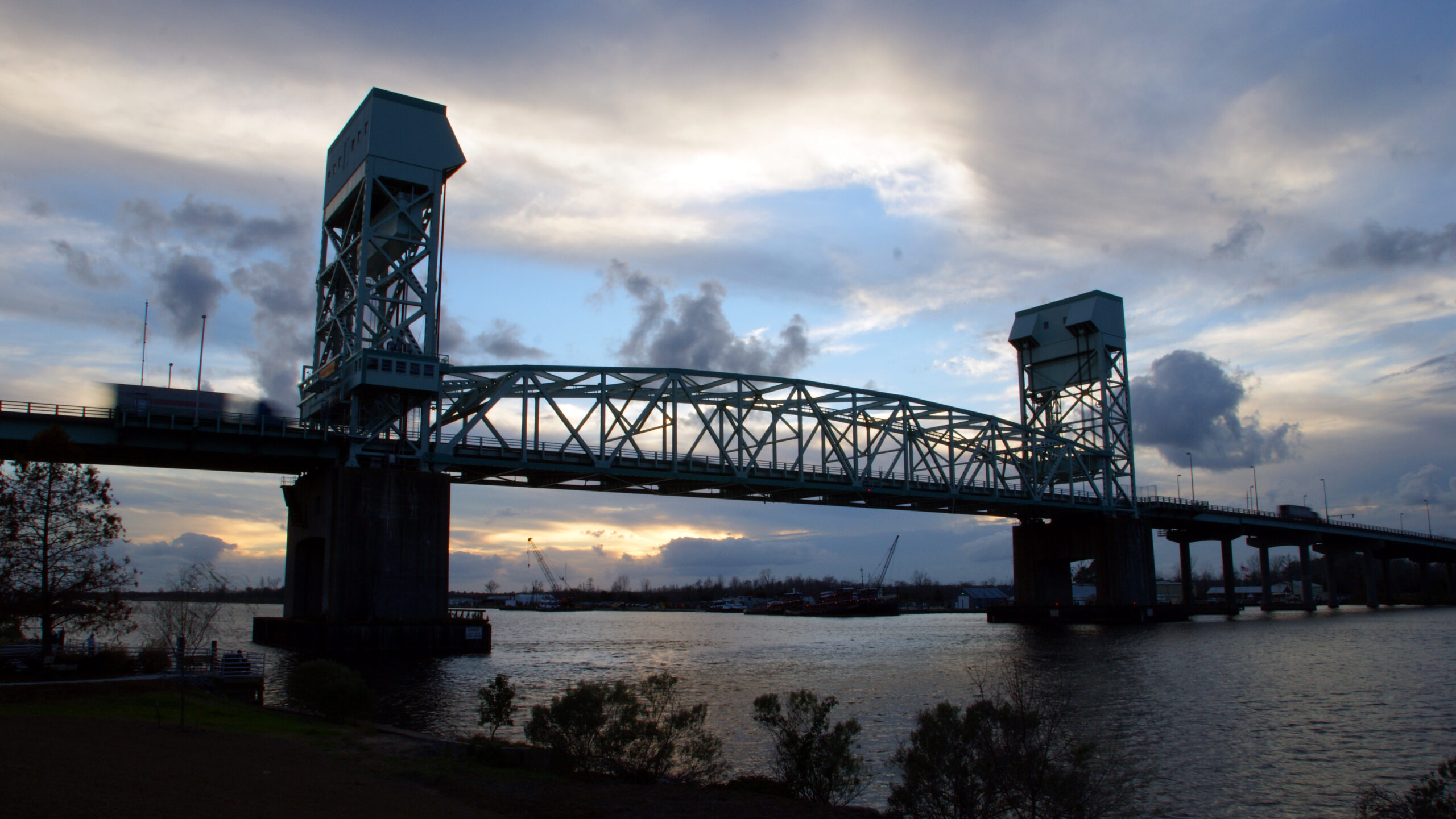 Cape Fear Memorial Bridge silhouetted at dusk.