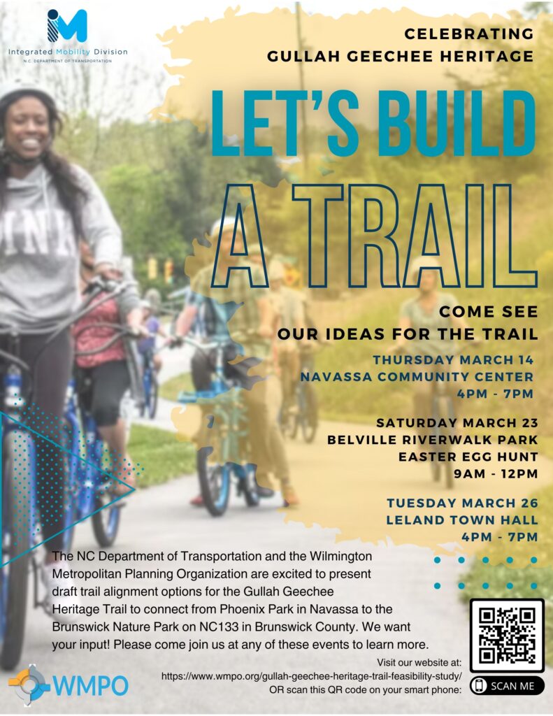 Flyer for the Gullah Geechee Heritage Trail feasibility study project. Text reads: Celebrating Gullah Geechee Heritage - Let's Build a Trail. Meeting dates for public input are listed below this graphic on this webpage. 