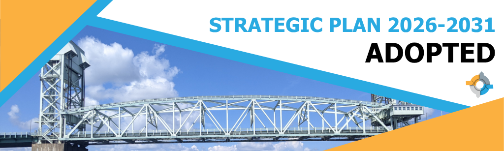 Web slider reads Strategic Plan 2026-2031 Adopted with a picture of the Cape Fear Memorial Bridge with obscure shapes